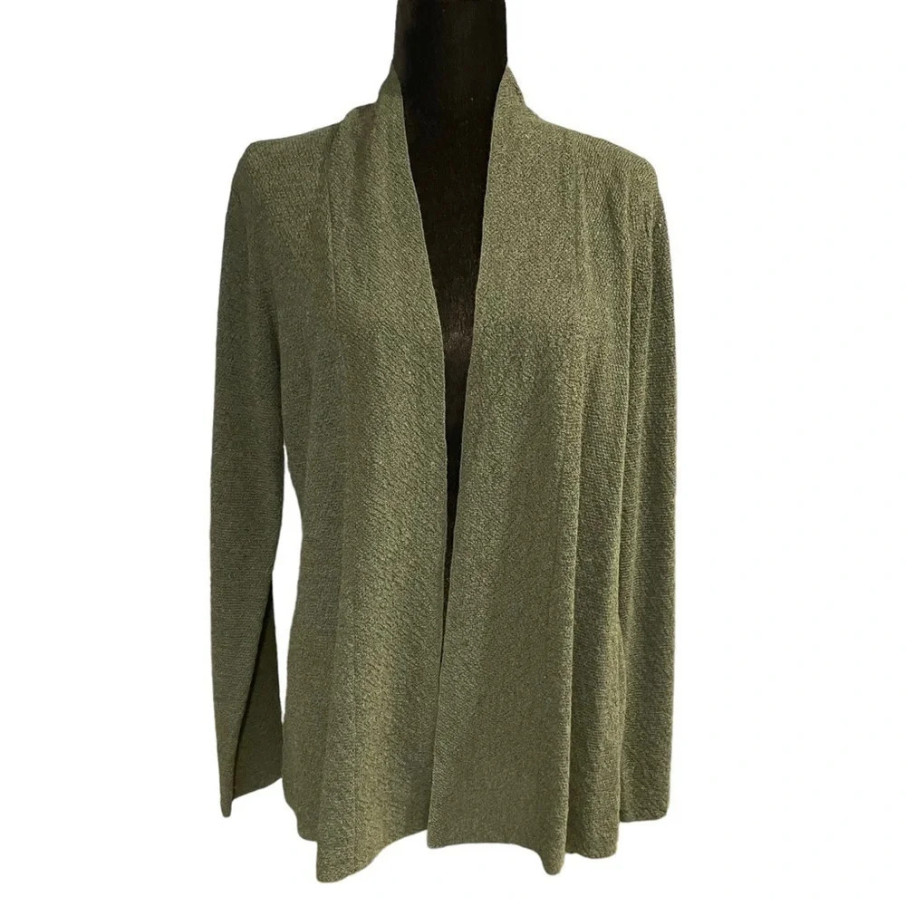 Eileen Fisher Women’s 100% Wool Open Front Dark Green Cardigan Sweater